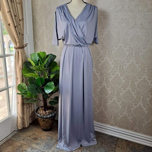 Koh Koh Size Medium Light Gray Maxi Dress Vneck Elastic Waist Dolman Sleeves EUC - Picture 1 of 11